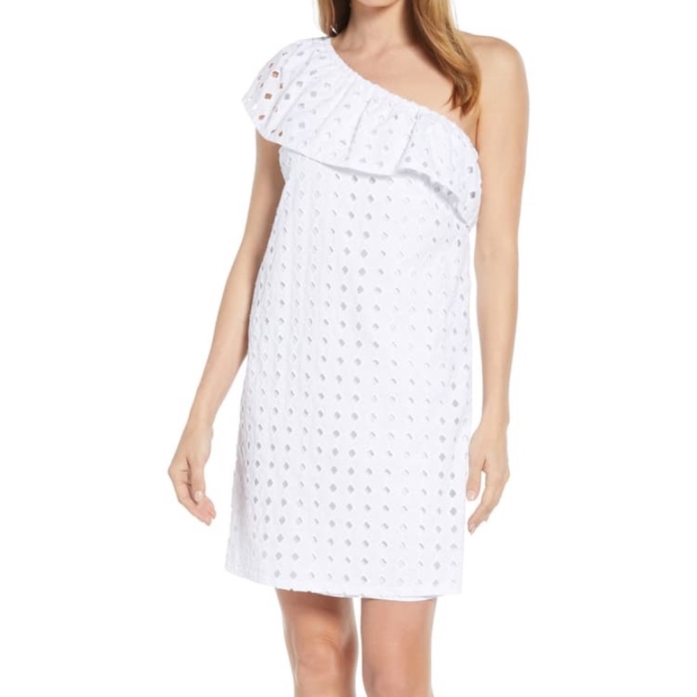 Gibson White Eyelet Cotton Sexy One Shoulder Dress